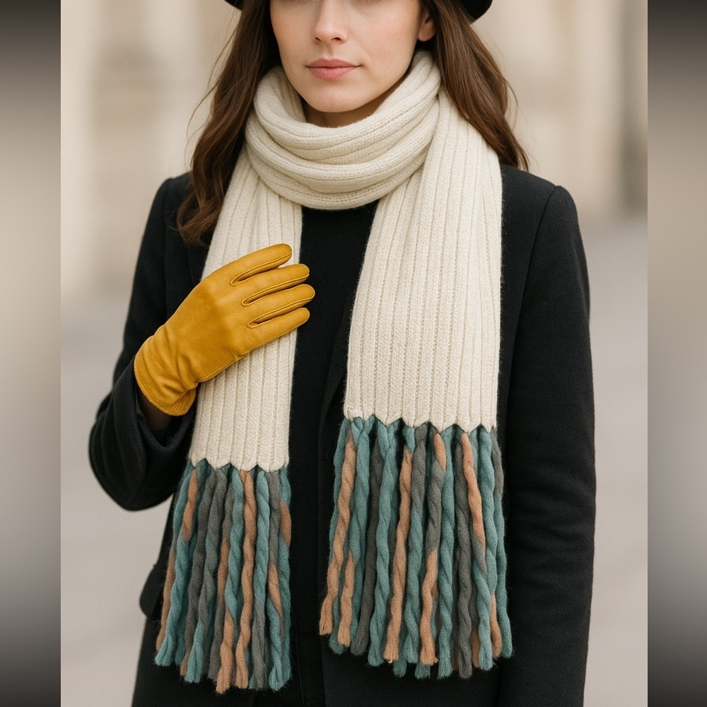 Steve Madden Cream Scarf with Green and Brown Fringe - Picture 6 of 6